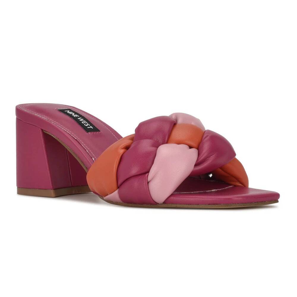 NEW NINE WEST women's gotti3 braided block heel slide sandals in medium pink mul